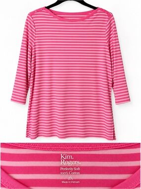 Kim Rogers Pink Striped 3/4 Sleeve Boatneck Top